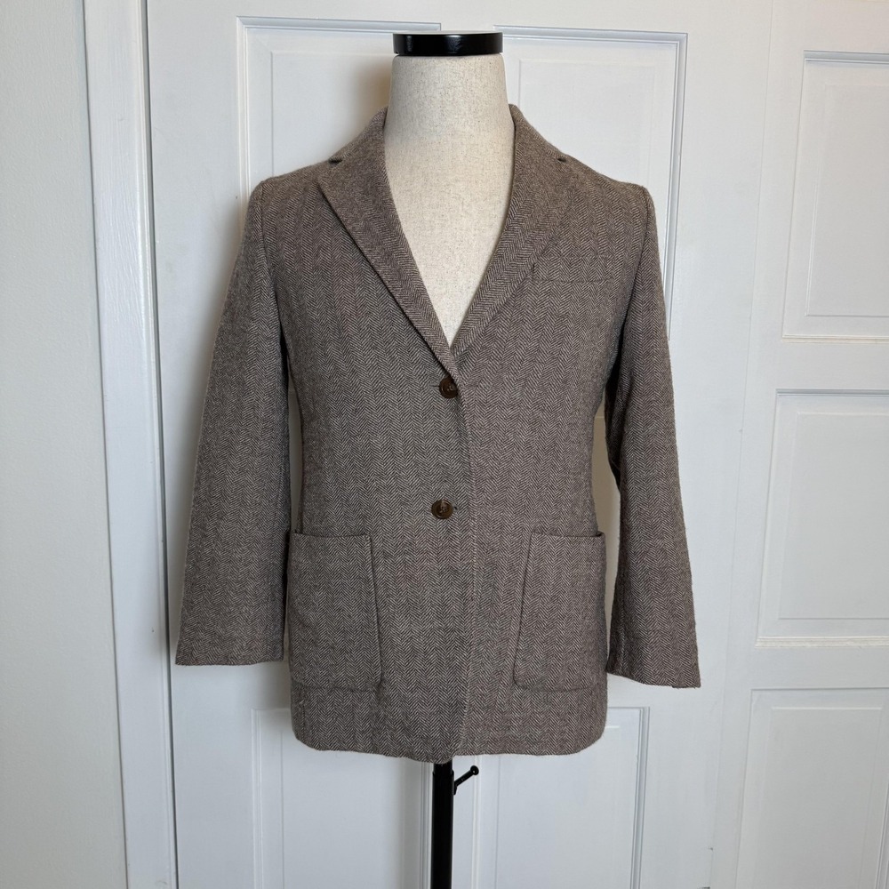 Ines de la‎ Fressange Uniqlo Blazer Womens XS Brown Herringbone Wool Two Button